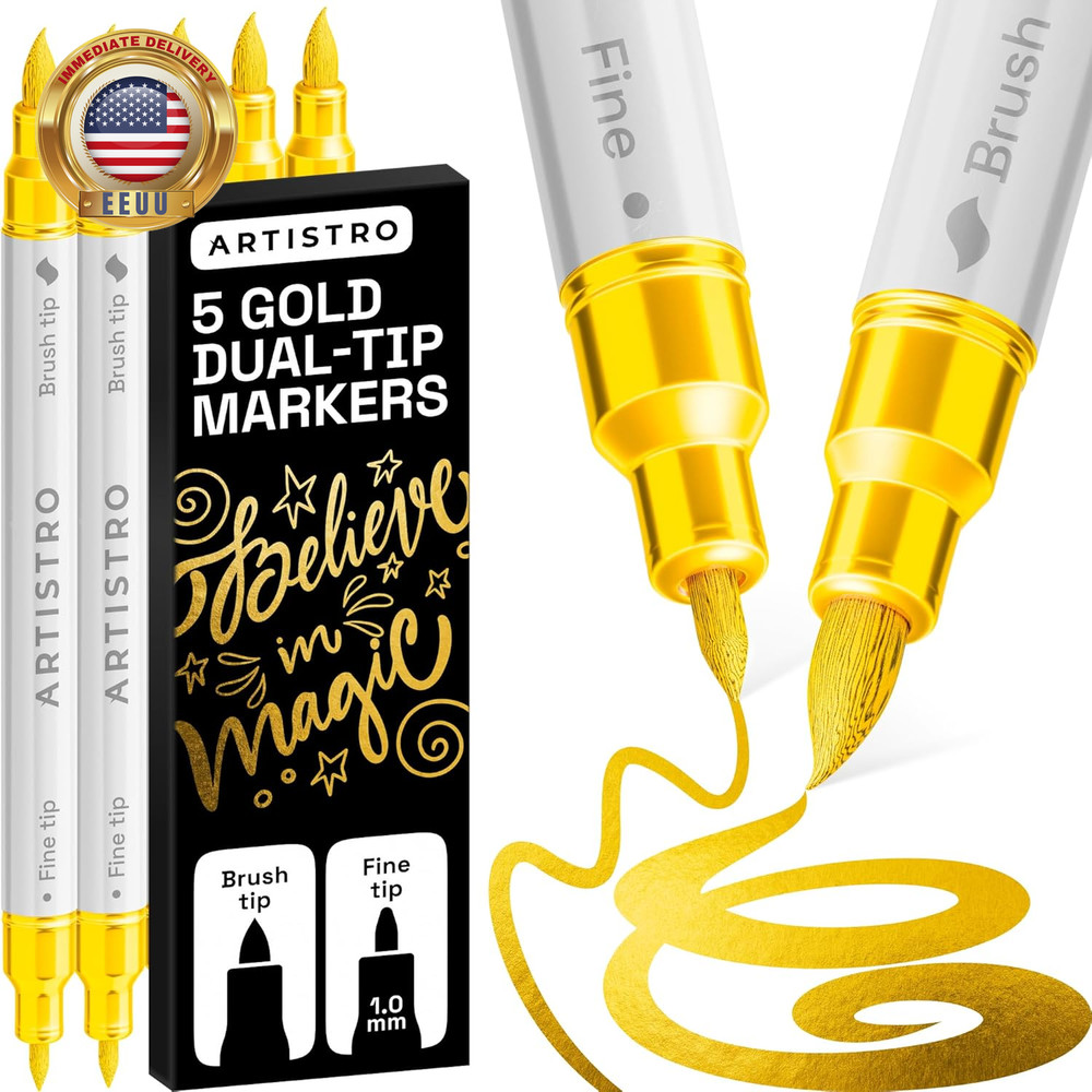 5 Gold Acrylic Paint Markers – Paint Pens for Drawing – for Fabric, Rock, Glass,