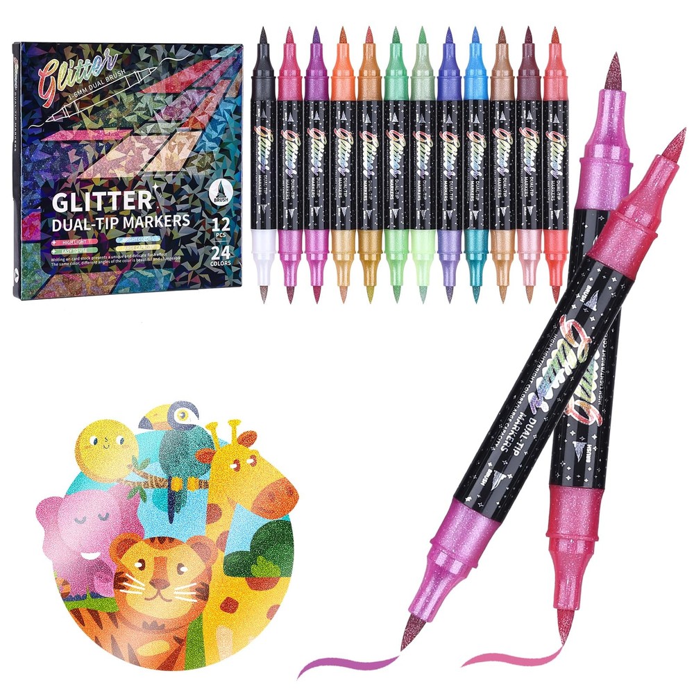 Glitter Effect Brush Markers Pens,24 Colors Dual Tip Glitter Pens Set 12 Pack…