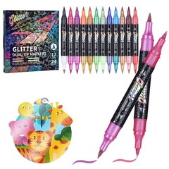 Glitter Effect Brush Markers Pens,24 Colors Dual Tip Glitter Pens Set 12 Pack…
