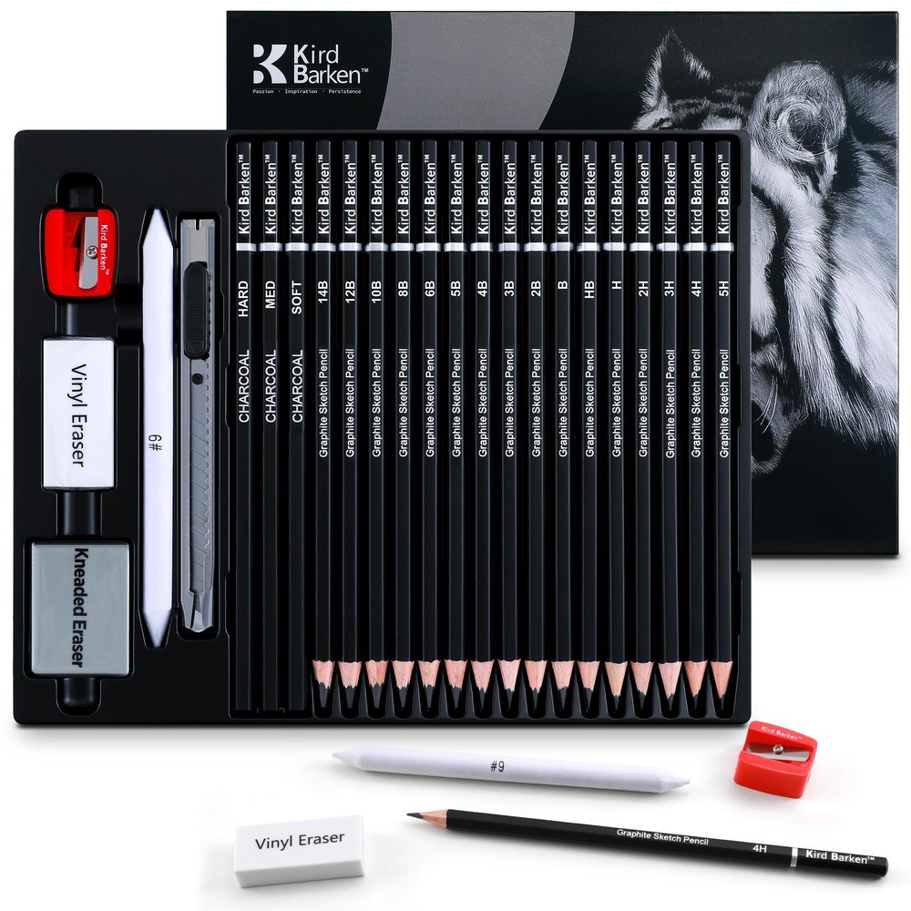 Kird Barken 24PCS Professional Sketch Pencil Set – 5H to 14B Pencils, Charcoa…