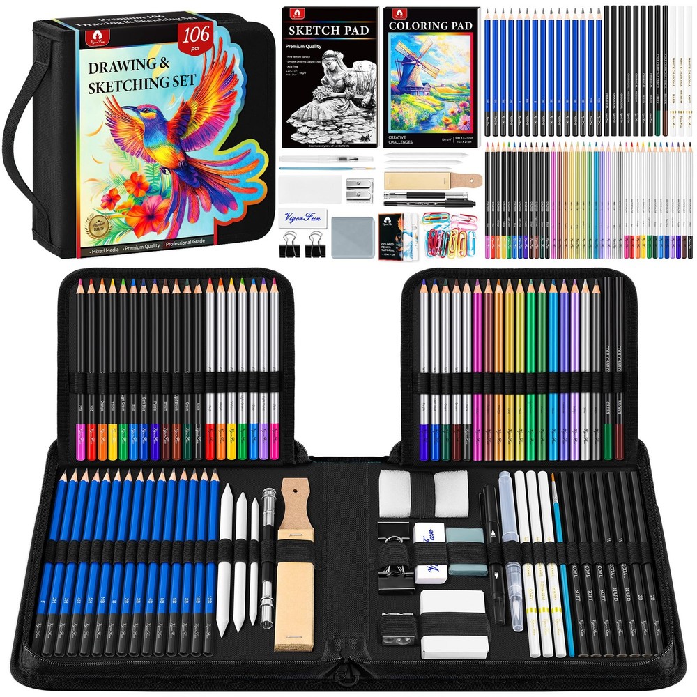 106 PCS Art Supplies Sketching Kit, Pro Drawing Pencils with 3-Color Sketchbo…