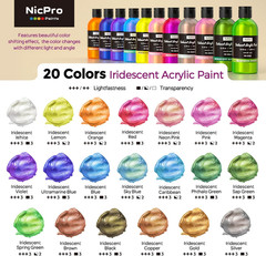 20 Colors Iridescent Acrylic Paint, 8.45Oz / 250Ml Large Bulk Metallic Acrylic P