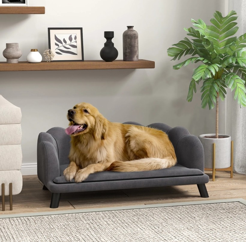 Comfortable Large Dog Couch Charcoal Gray with Foam Cushioning and Extra Pillow