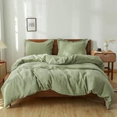 100% Linen Duvet Cover Set 3pcs Natural French Basic Style Full Sage Green