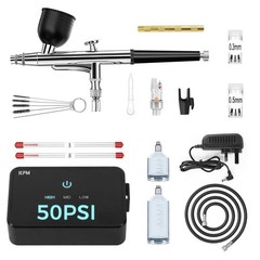 50 PSI Airbrush Kit with Compressor, Dual-Action Gun, 0.2/0.3/0.5mm Nozzles, Cle