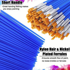 50Pcs Art Paint Brushes Set: Nylon Hair Round & Flat Brushes for Kids & Artists