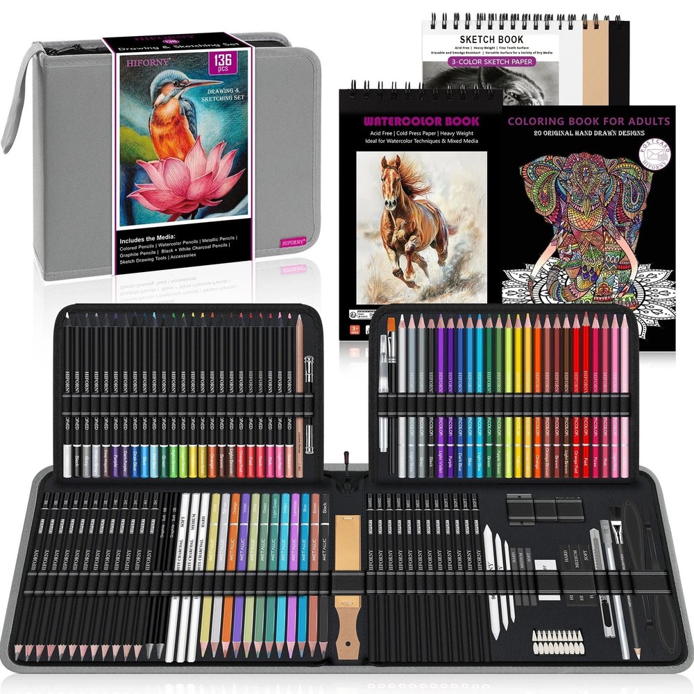 136 PCS Drawing & Sketching Set,Pro Art Supplies with Graphite,Charco…