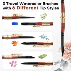 Dual Tip Travel Watercolor Brushes Set – 6 Synthetic Squirrel Hair with Pouch fo