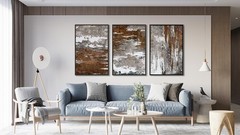 Large Framed Canvas Wall Art – Rustic Brown and White Abstract Pictures for L…