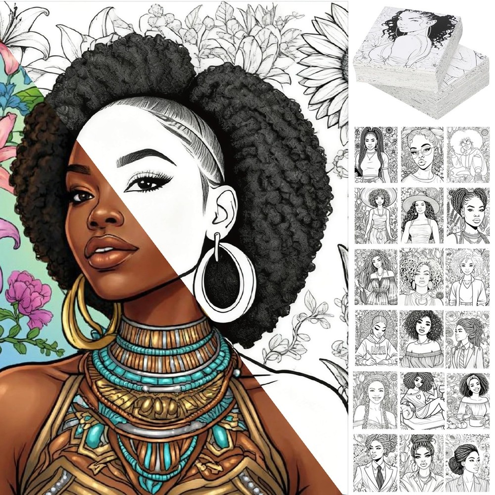 200 Pcs African American Women Coloring Cards Black Beauties Portraits to Color