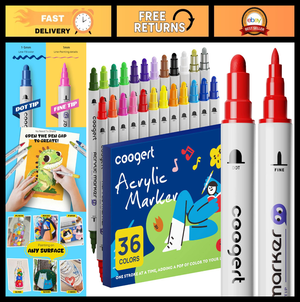 36 Colors Dual Tip Acrylic Paint Markers – Fine & Dot Tips for Rock, Canvas, Woo