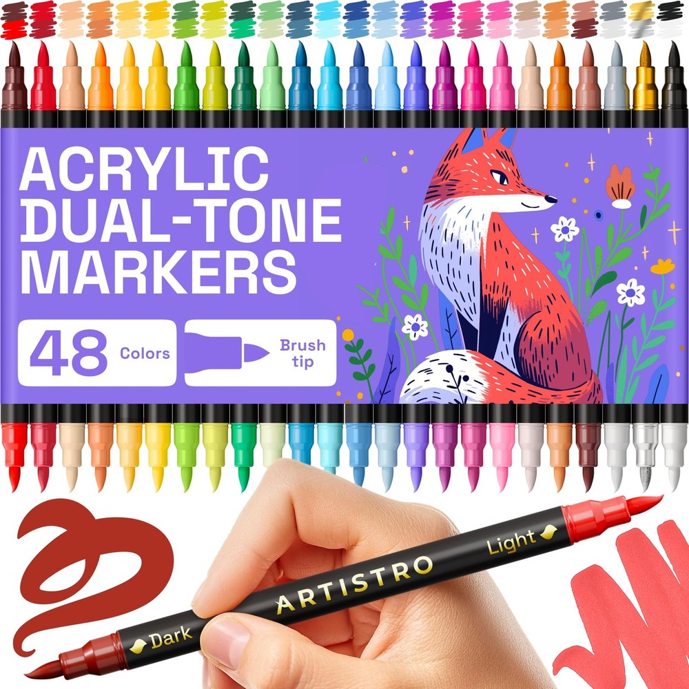 48 Color Acrylic Paint Markers Dual Brush Tip Art Pens Set