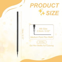 12Pack 0.5mm Gel Pen Refills for Coloring, Medium Point Pens Refills, Black