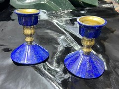 Natural Lapis Lazuli Candle Holder Pair Polished Crystal Home Decor Set 800g