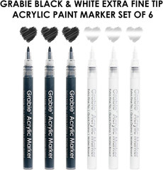 Grabie Black & White Extra Fine Tip Acrylic Paint Marker Set, 6 Pack, 0.7Mm Acry
