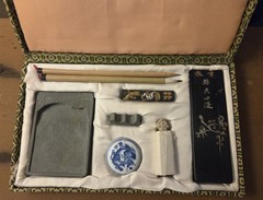 Chinese Calligraphy Set with Brushes, Ink Stick, Ink Stone, Decorative Box