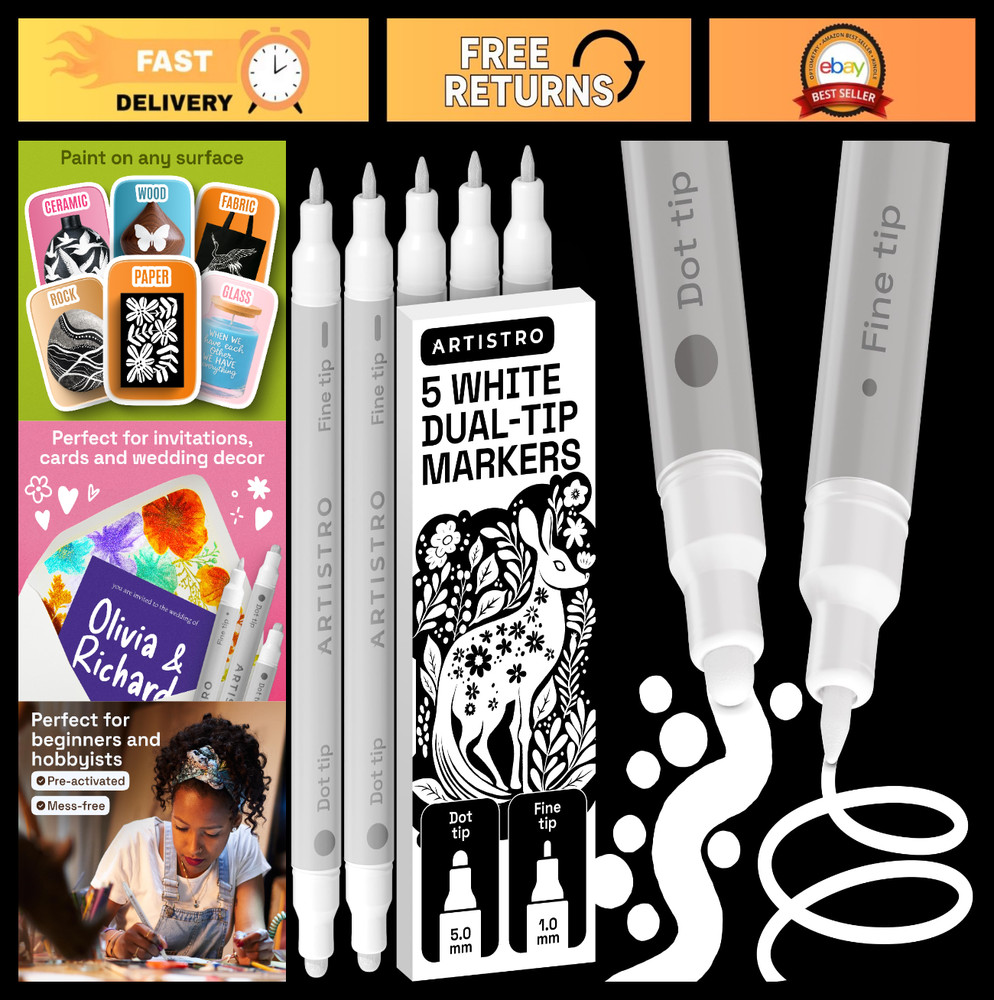 Precision Dual-Tip Acrylic Paint Markers Set – 5 White Paint Pens for Fabric, Ro