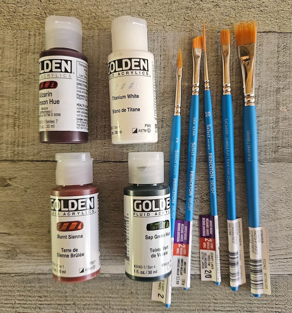 4 Golden Fluid Acrylic-Alizarin Crimson Sap Green& 5 Princeton Select PaintBrush