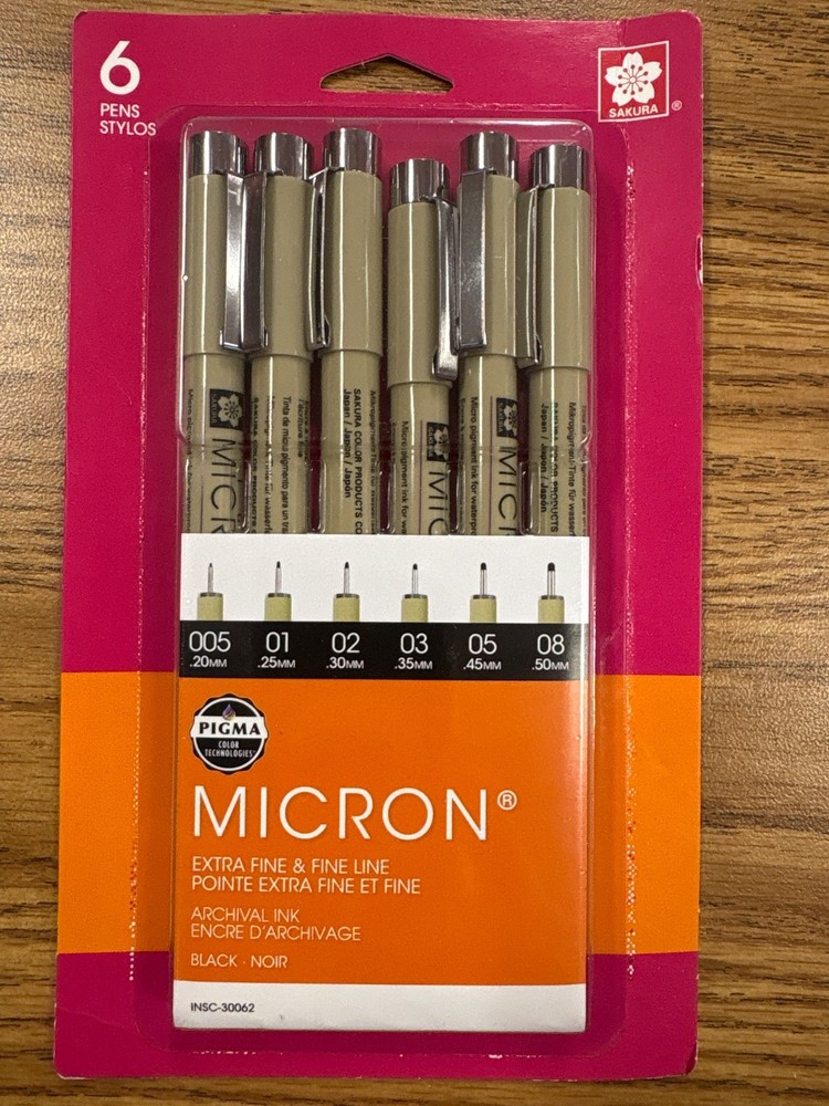 Sakura Pigma Micron Pen Set – 6 Extra Fine &fine point Archival ink black