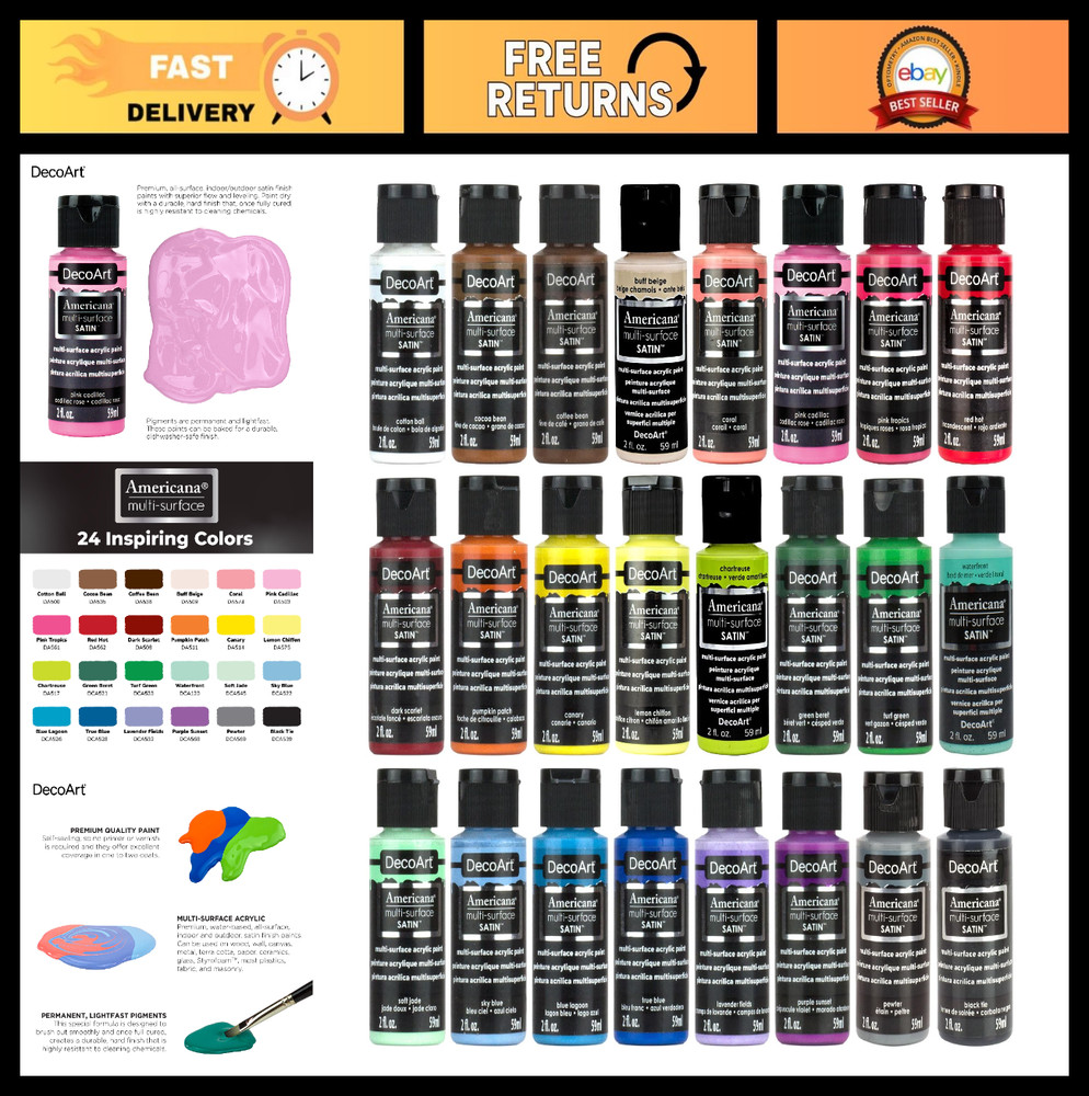 24 Color Multi-Surface Satin Acrylic Paint Set – Versatile for Wood, Glass, Meta