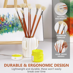 Artist Fan Paint Brush Set of 7, White Hog Bristle Natural Hair Anti-Shedding Br