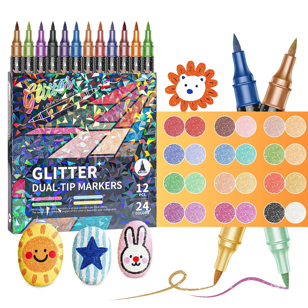 Glitter Effect Brush Markers, Dual-Tip, Two-Color, for Doodle Drawing.