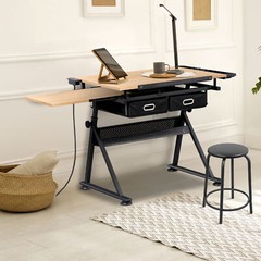 Drafting Table Wooden Drawing Desk Craft Station Artist w/Charging Station Stool