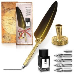 Antique Feather Quill Pen and Ink Set – Stand & Gift Box, Golden Writing Q