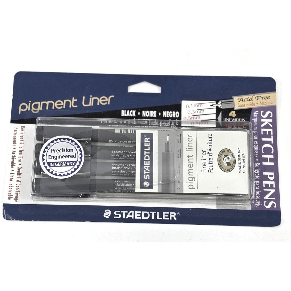Staedtler Pigment Liner Sketch Pens Black Ink 4 Line Widths 308 WP4 Set of 4