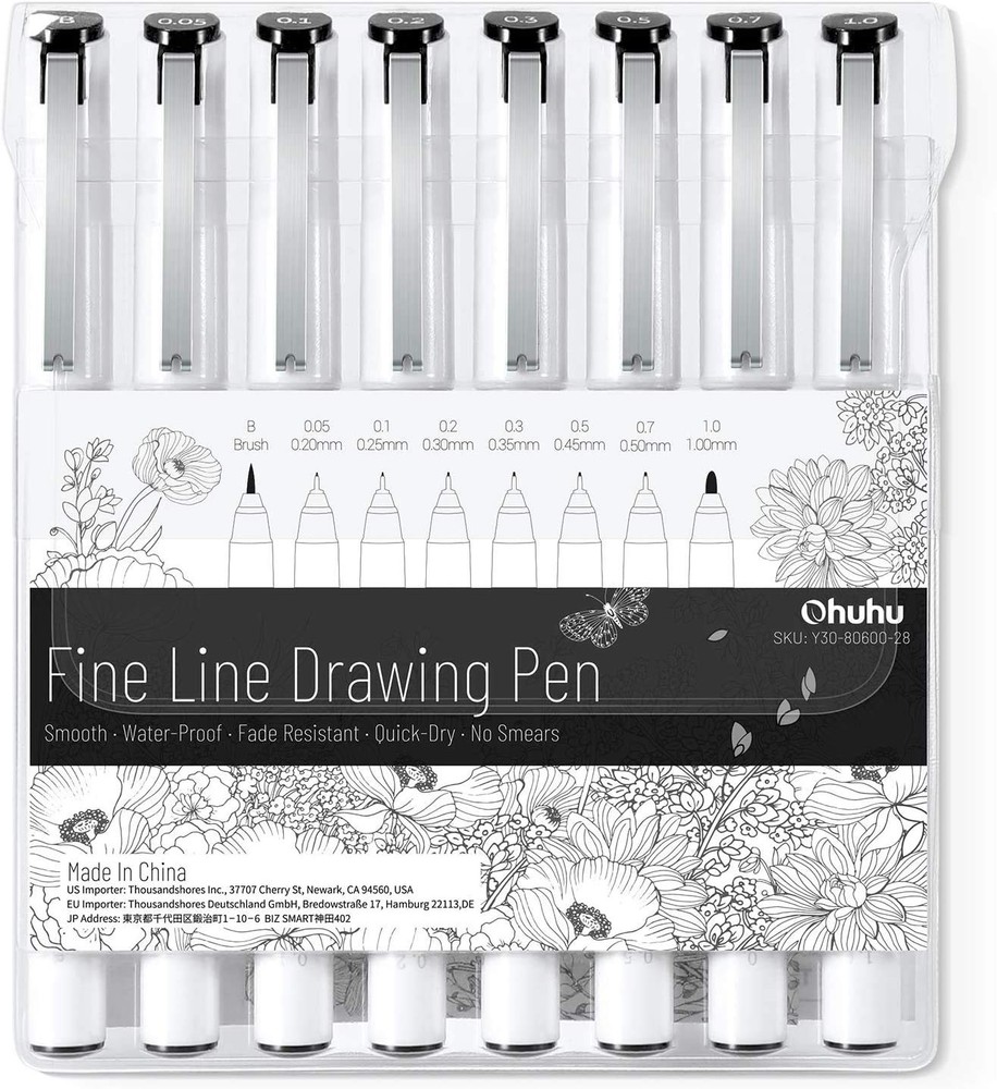 Ohuhu Fineliner Pens Micro Drawing Pens: 8-size Tips (Ultra-fine, Fine & Brush)
