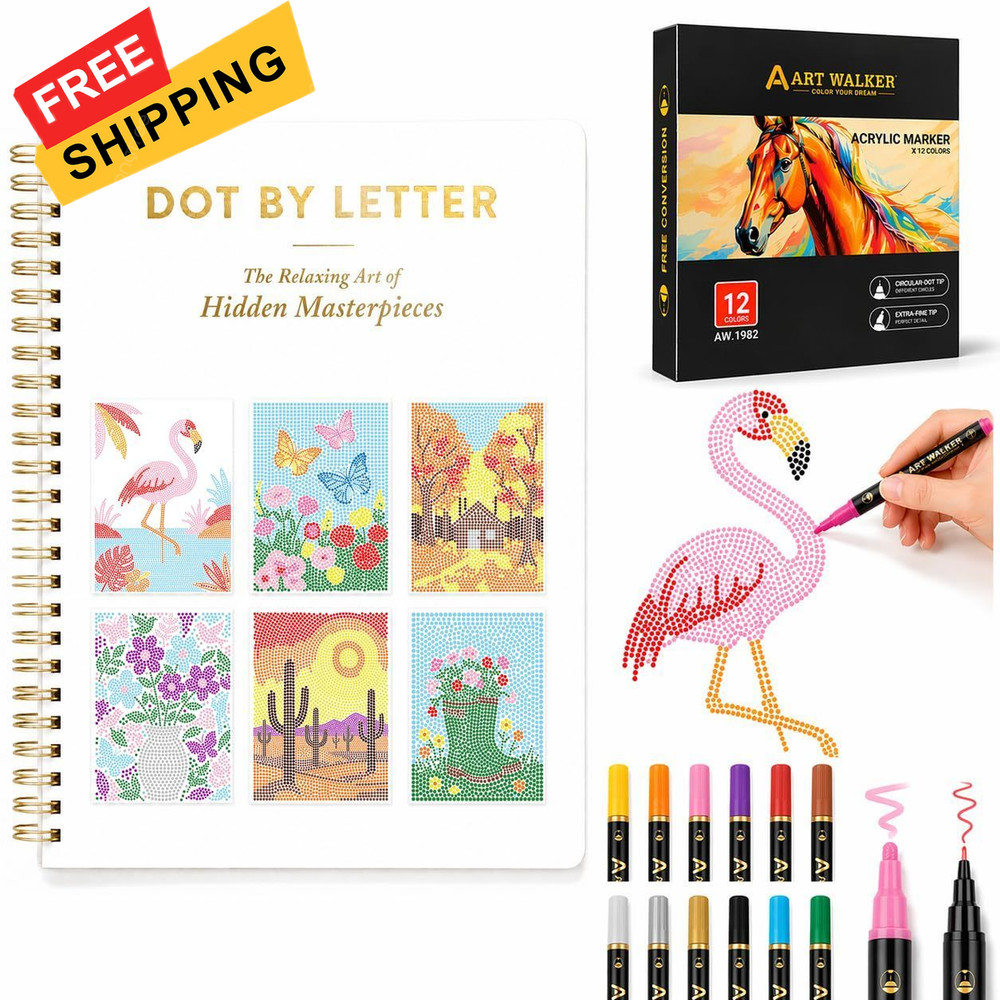 Dot by Letter Adult Coloring Book with 12 Markers, 11.2 x 8.3 inches, GOLD