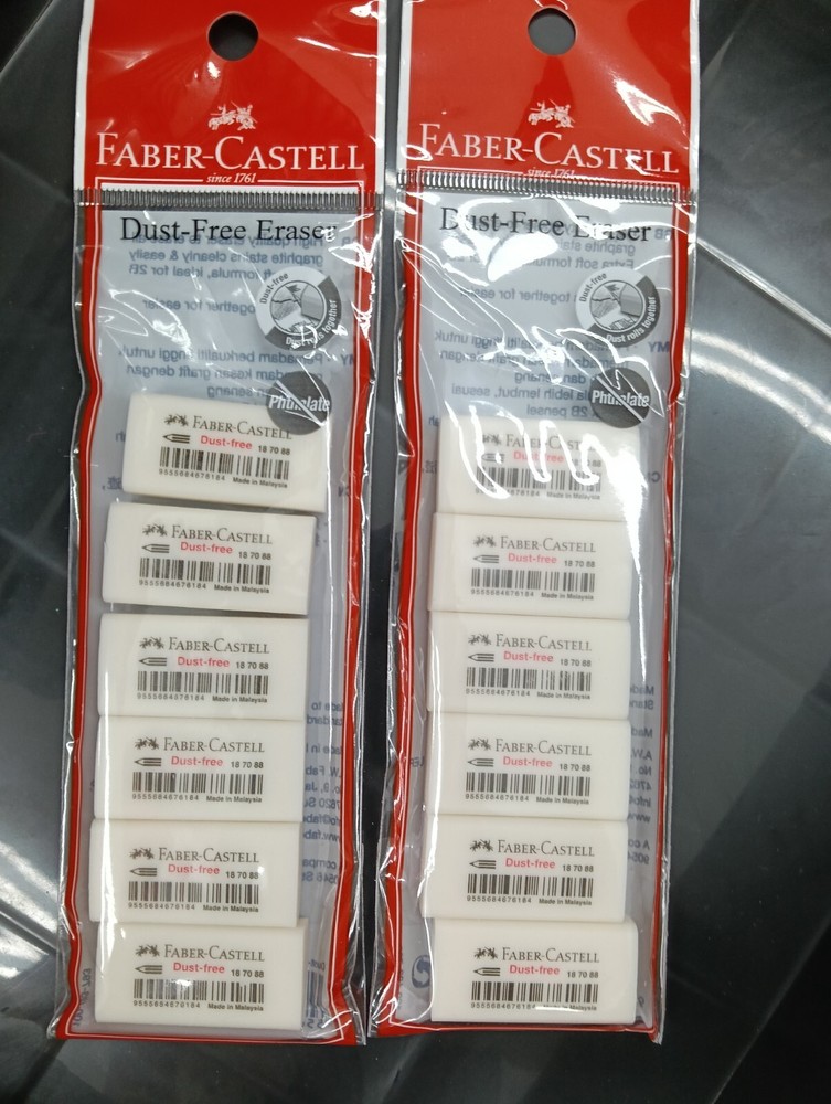 Faber Castell Lot of 12 Soft Plastic Erasers Dust Free White Block Malaysia