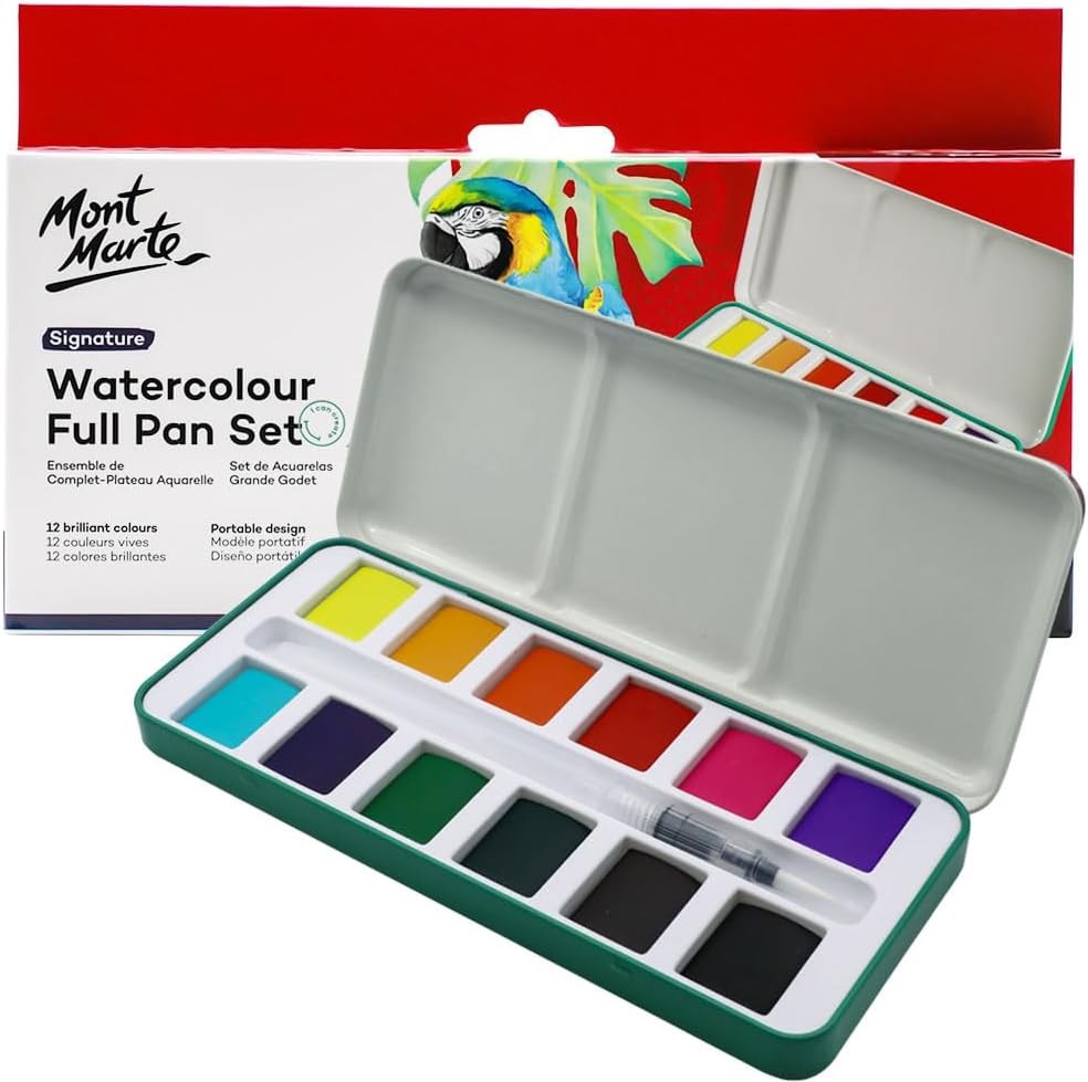 Mont Marte Watercolor Set Full Pan 12 Count (Pack of 1), 12 Basic Color
