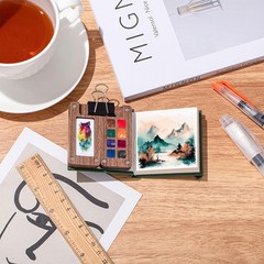 Mini Portable Watercolor Palette Set Wooden Grid Paint Box Watercolor Paper S…
