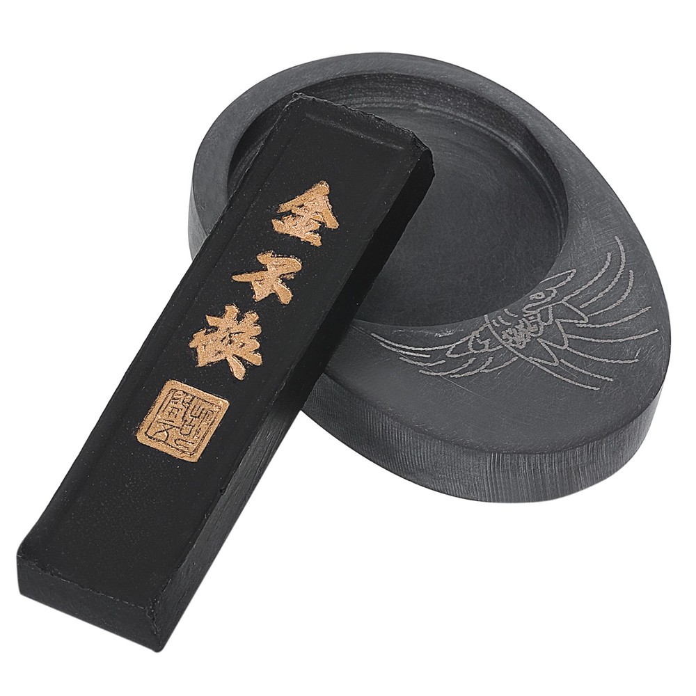 Chinese Calligraphy Inkstone with Ink Stick Round Ink Stone Tray