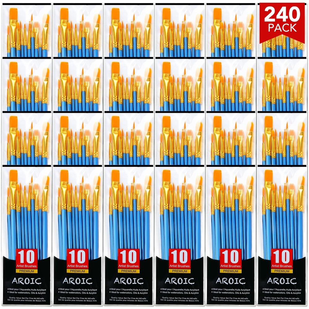 AROIC Acrylic Paint Brush Set, 24pack/240pcs Nylon Hair Paint Brushes for Acr…