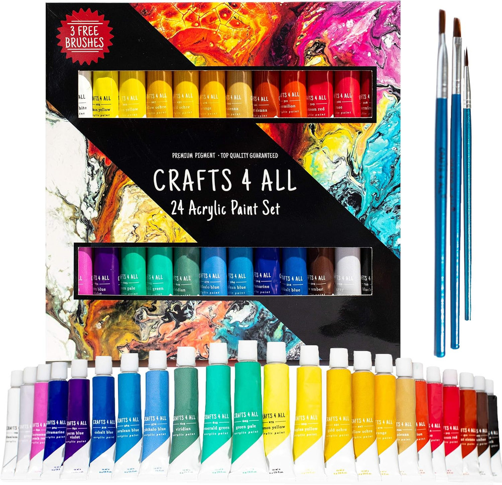 Set pintura acrilica 24 colores 12ml con 3 pinceles no toxica para manualidades