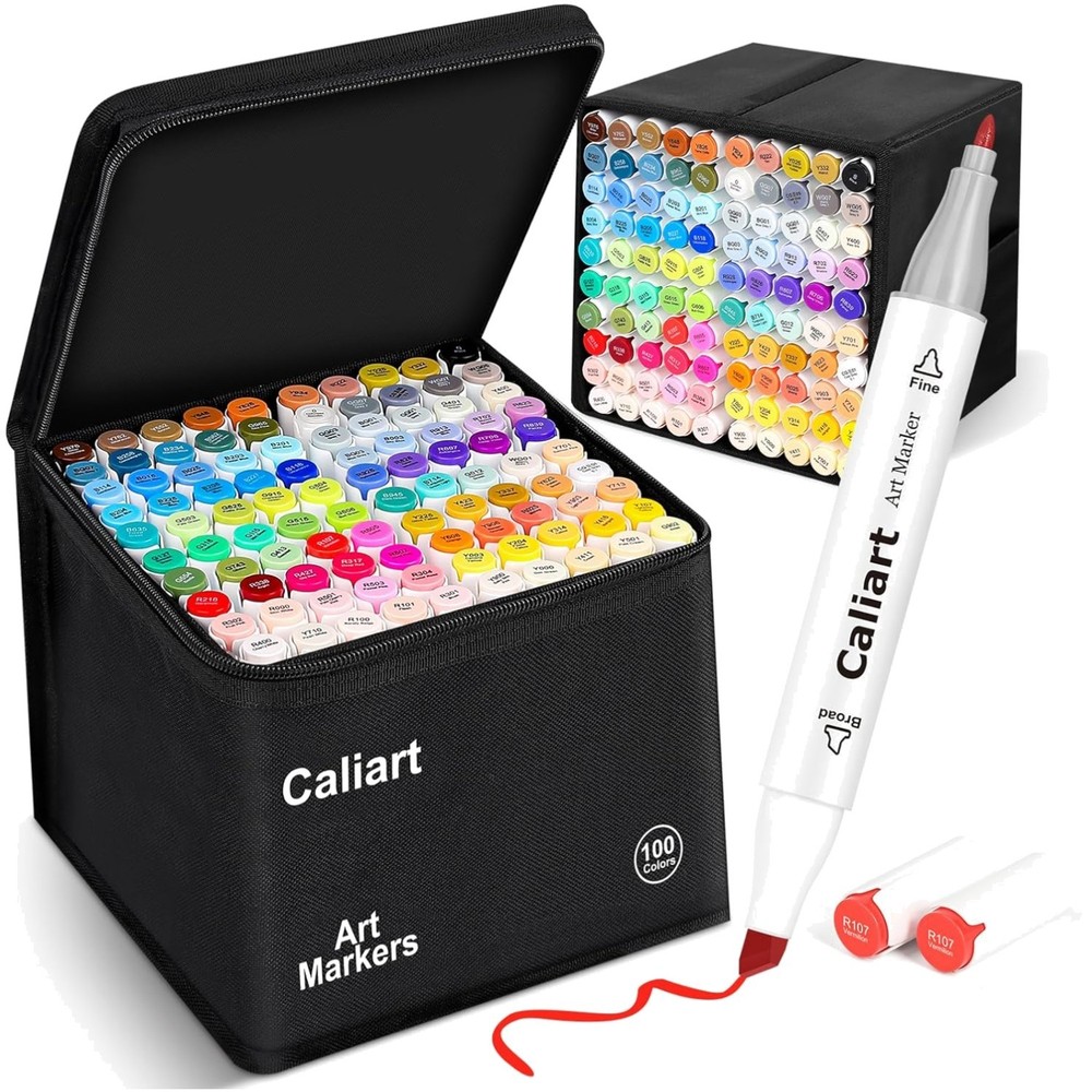 Complete 100 Color Art Marker Set – Smudge-Proof Dual Tip with Organization Case