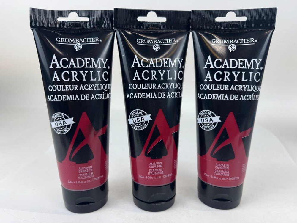 3X GRUMBACHER Academy Acrylic Paint, 200ml/6.8 oz. Plastic Tube Alizarin Crimson