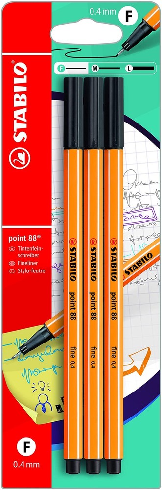 STABILO Point 88 Black Fineliner Pens 0.4mm Erasable Set of 3 for Writing Dra…