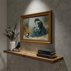Vintage Gold Framed Canvas Wall Art, Girl Magpie Poster Artwork, Dark Moody P…