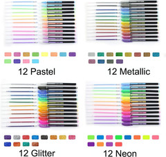 48 Packs Glitter Metallic Gel Pen Set Coloring Neon Pens Set for Adult Coloring
