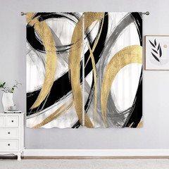 Abstract Modern Line Curtains 42W X 63L Inch Black Gold Gray Minimalist Contempo
