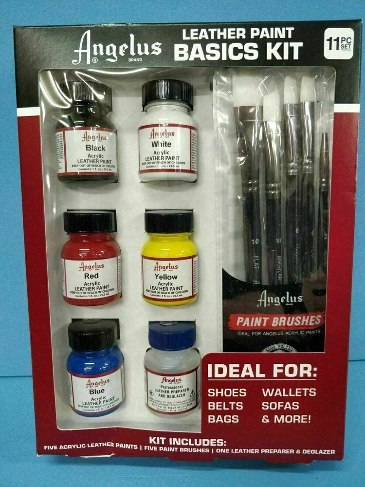 Angelus Brand Leather Paint Basics Kit with Deglazer and Paint Brush Set – NEW