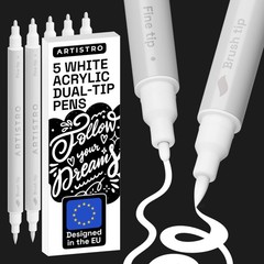 ARTISTRO 5 White Acrylic Paint Pens – Dual Tip 1 count (Pack of 5),