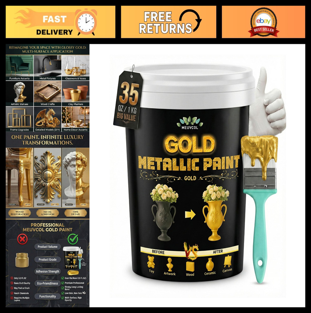 Metallic Gold Leaf Paint – 35 Fl Oz Non-Toxic Acrylic Coating for DIY Crafts, Wo