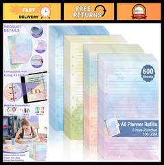 600 Sheets A5 Watercolor Refill Paper, 100GSM Loose Leaf for Planner Inserts, 6-