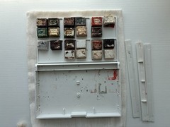 Rare 21 Antique Vintage ceramic Watercolor Half pans G. Rowney, W&N, Devoe + Box