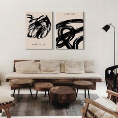 2 Framed Simple Black and White Canvas Wall Art Abstract Prints Modern Galler…