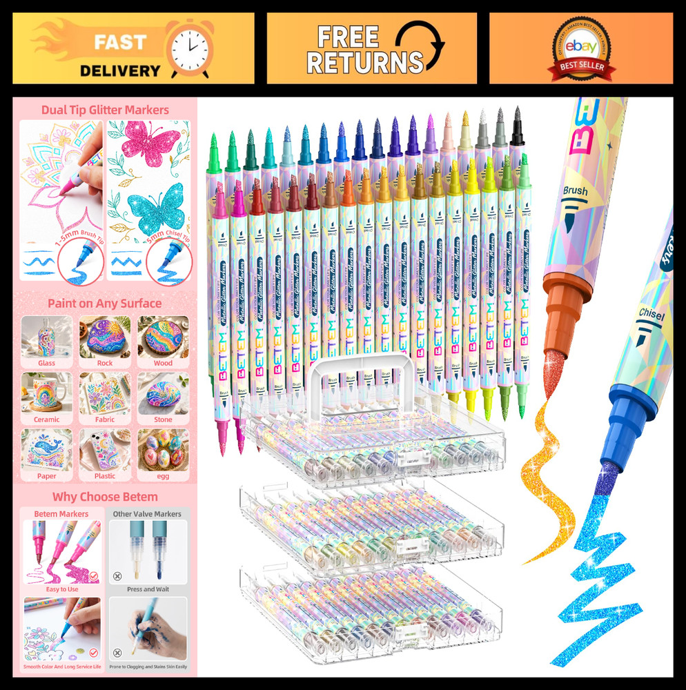 36 Glitter Paint Markers for Rock, Glass, Wood, Fabric – Metallic DIY Craft Pens